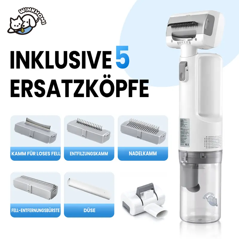 Cordless Pet Hair Vacuum,Winkhomi 5-in-1 Brush Heads, Pet-Friendly Low Noise(≤64dB), Three Suction Levels, Compact, Portable for Travel, USB Rechargeable, Ideal for Pet Hair, Fabric Fur Removal & Car Seat Cleaning, Suitable for Multiple Pets