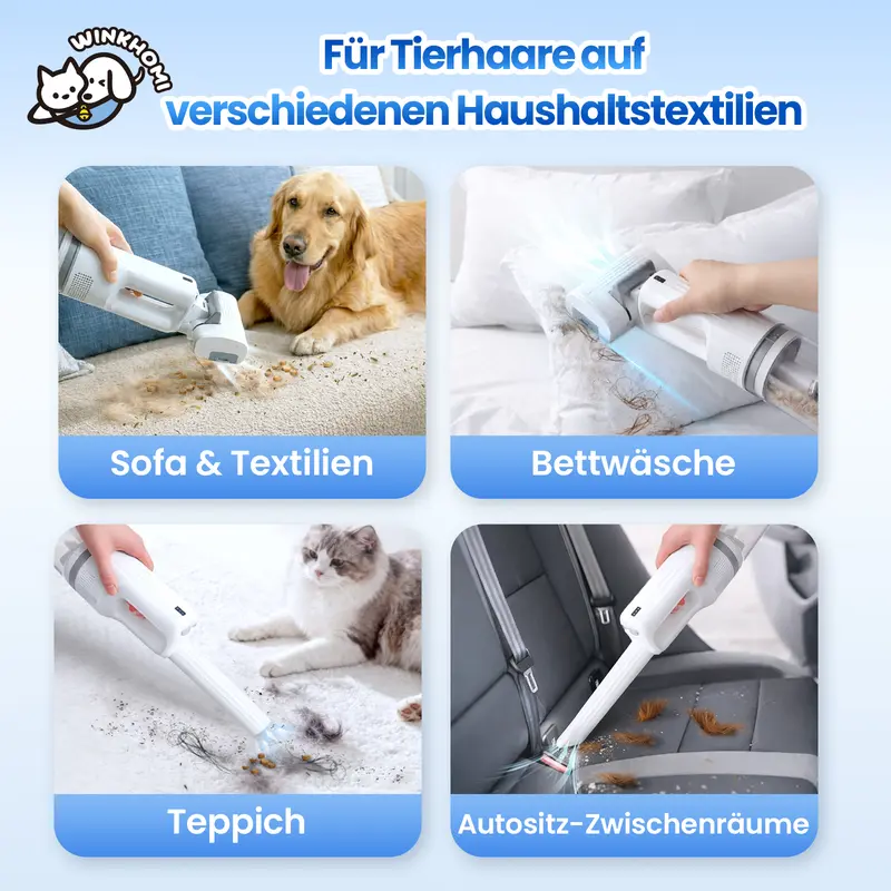 Cordless Pet Hair Vacuum,Winkhomi 5-in-1 Brush Heads, Pet-Friendly Low Noise(≤64dB), Three Suction Levels, Compact, Portable for Travel, USB Rechargeable, Ideal for Pet Hair, Fabric Fur Removal & Car Seat Cleaning, Suitable for Multiple Pets - Image 5
